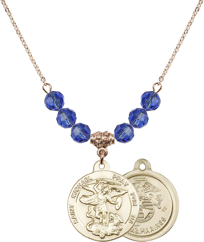 14kt Gold Filled Saint Michael / Marines Birthstone Necklace with Sapphire Beads - 0342