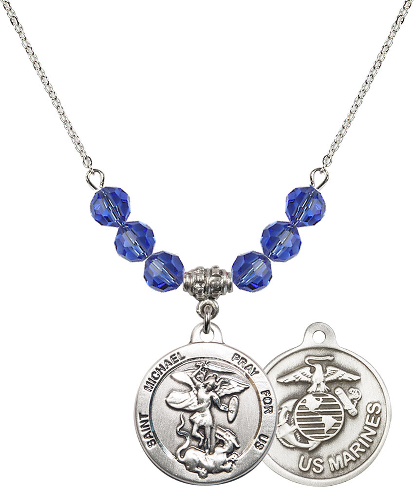 Sterling Silver Saint Michael / Marines Birthstone Necklace with Sapphire Beads - 0342