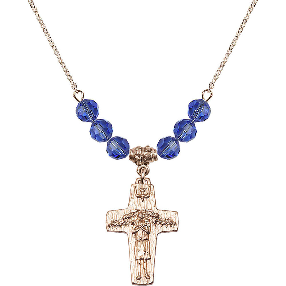 14kt Gold Filled Papal Crucifix Birthstone Necklace with Sapphire Beads - 0569