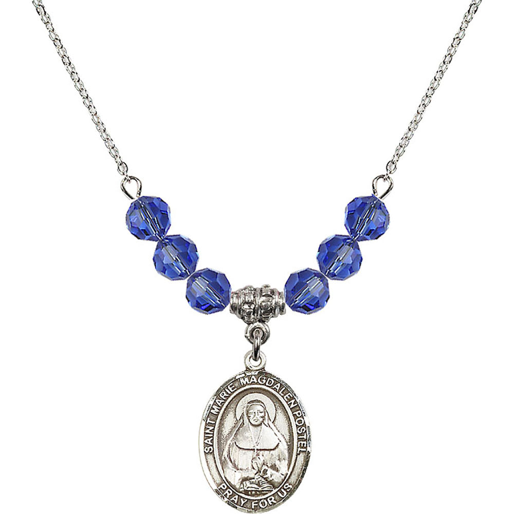 Sterling Silver Saint Marie Magdalen Postel Birthstone Necklace with Sapphire Beads - 8294