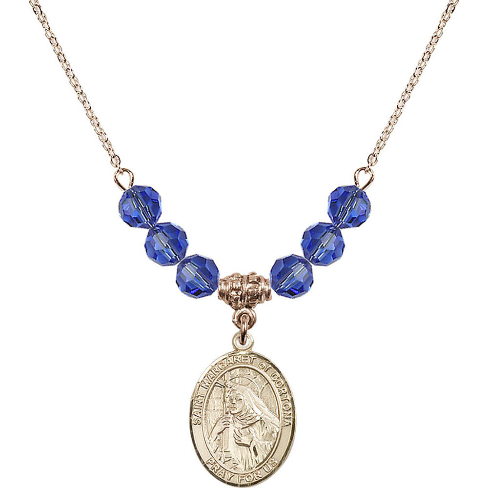 14kt Gold Filled Saint Margaret of Cortona Birthstone Necklace with Sapphire Beads - 8301