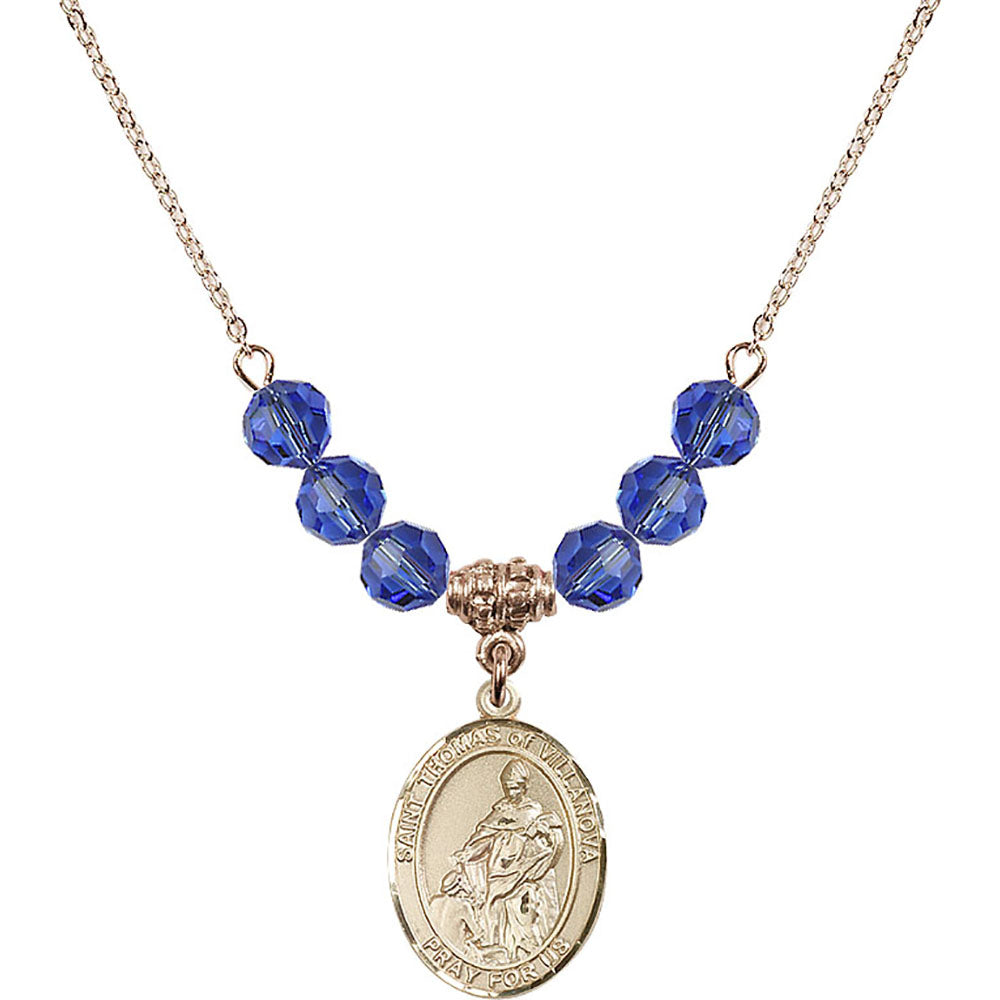 14kt Gold Filled Saint Thomas of Villanova Birthstone Necklace with Sapphire Beads - 8304