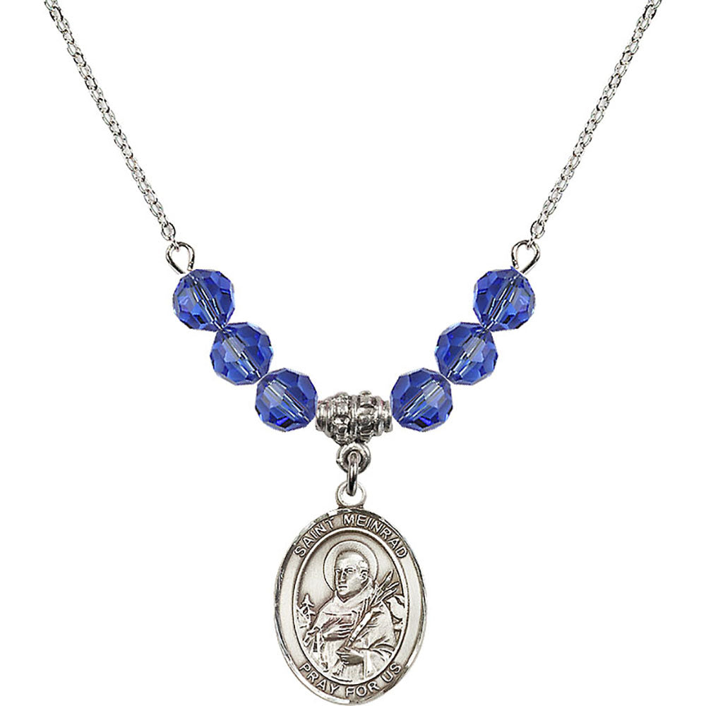 Sterling Silver Saint Meinrad of Einsiedeln Birthstone Necklace with Sapphire Beads - 8307