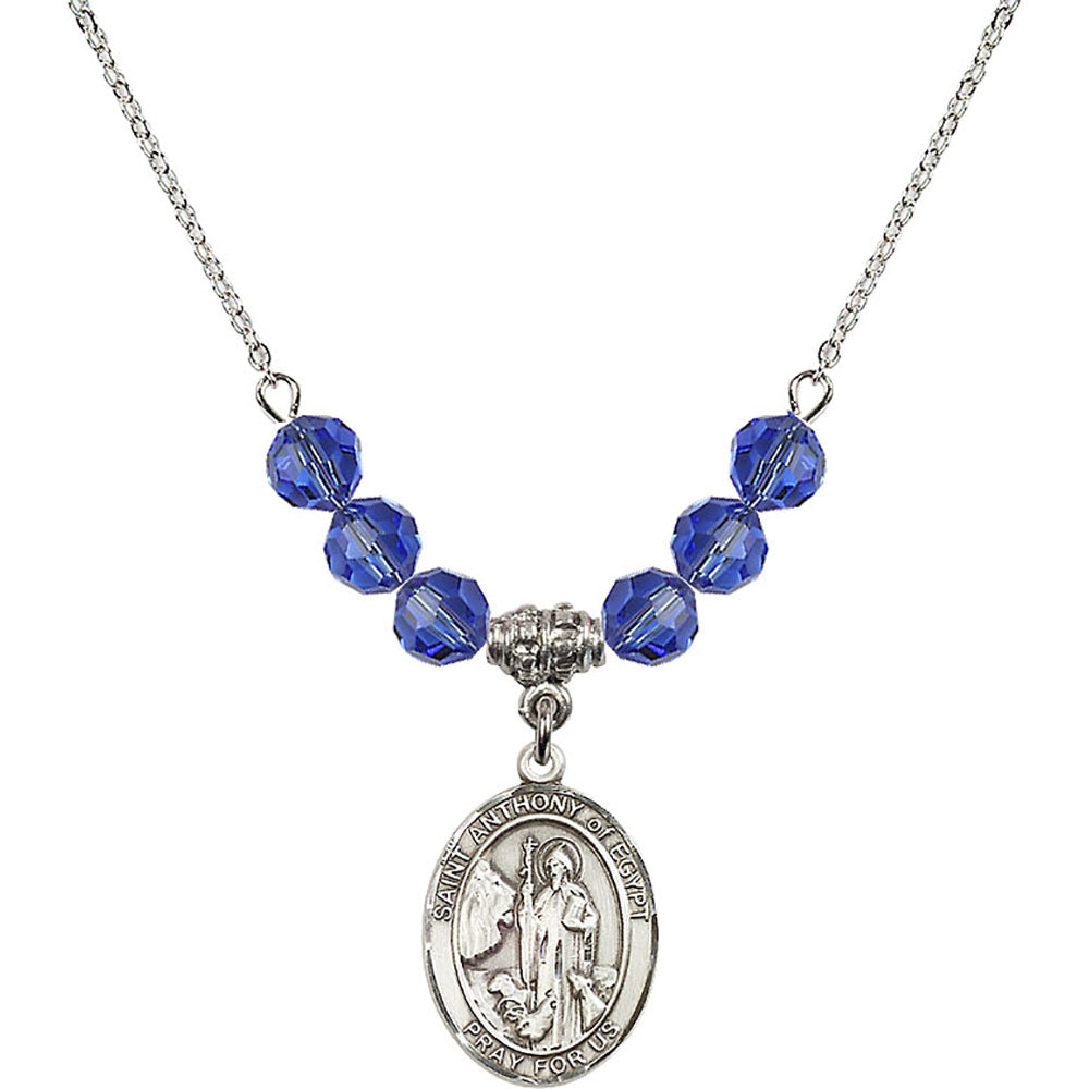 Sterling Silver Saint Anthony of Egypt Birthstone Necklace with Sapphire Beads - 8317