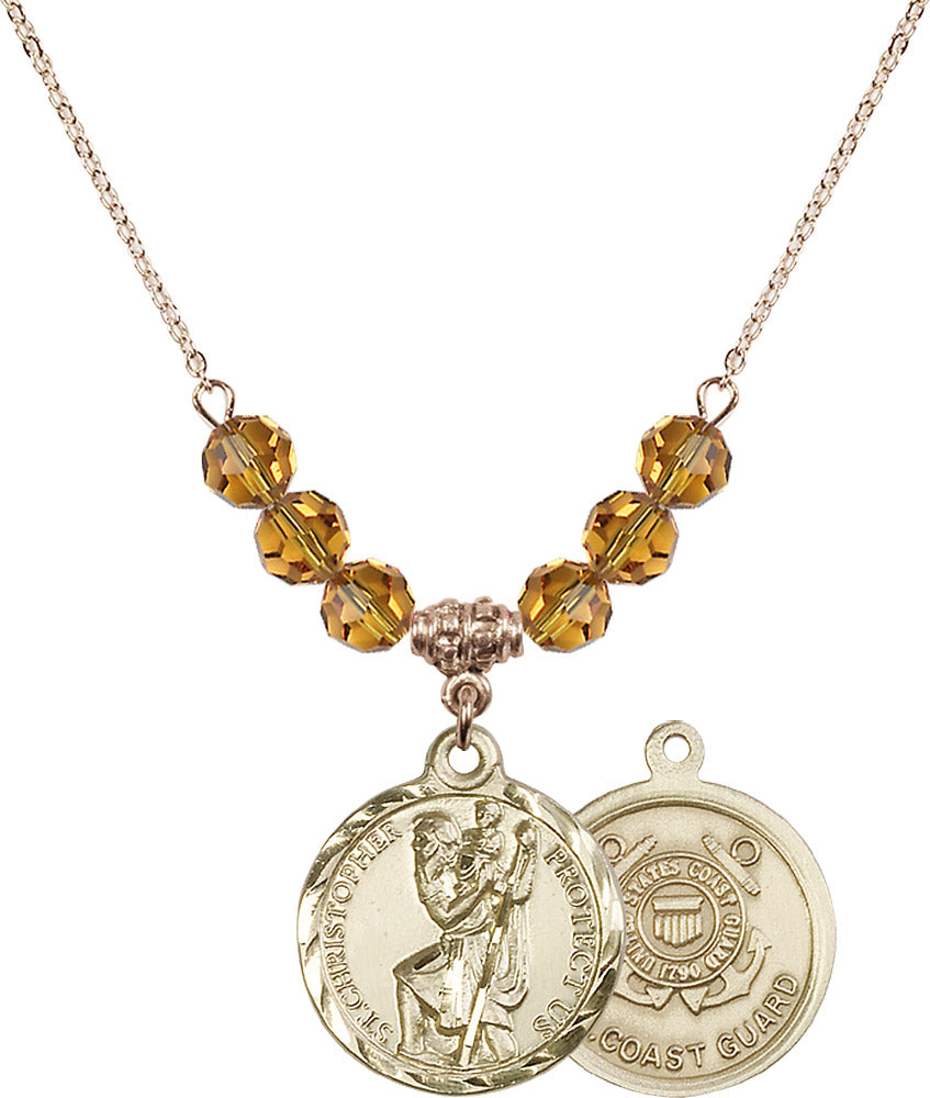 14kt Gold Filled Saint Christopher / Coast Guard Birthstone Necklace with Topaz Beads - 0192