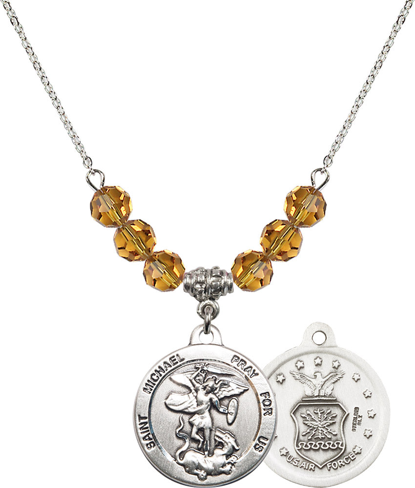 Sterling Silver Saint Michael / Air Force Birthstone Necklace with Topaz Beads - 0342