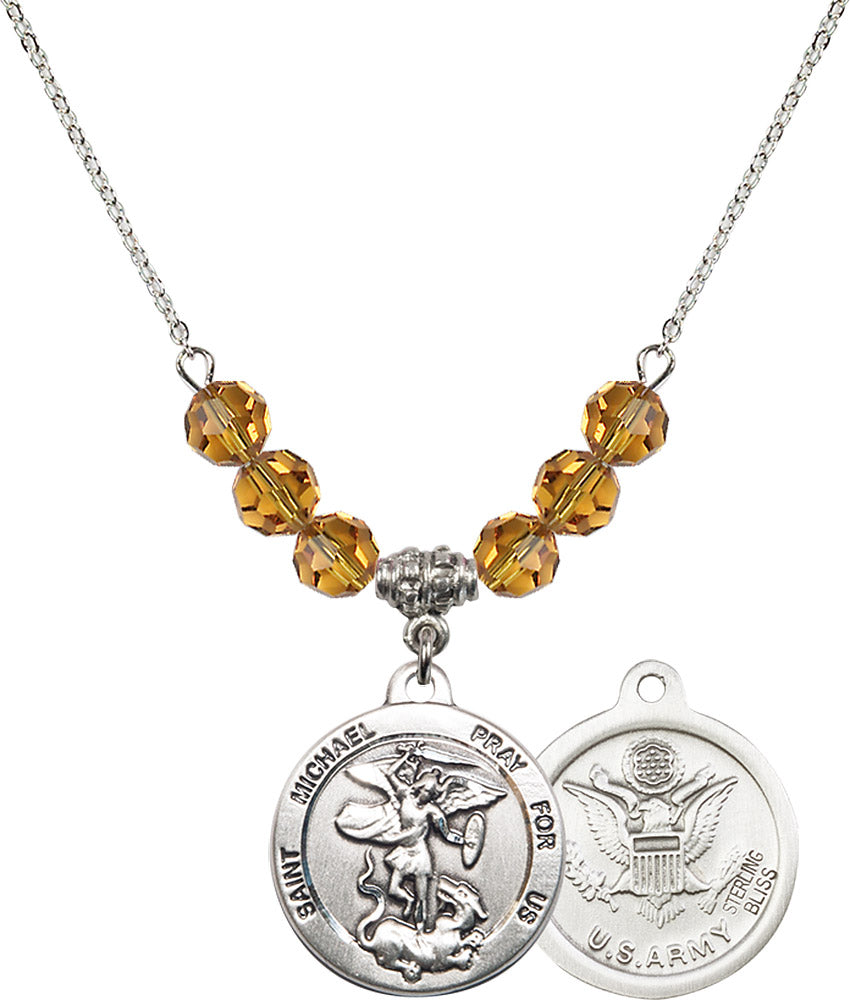 Sterling Silver Saint Michael / Army Birthstone Necklace with Topaz Beads - 0342