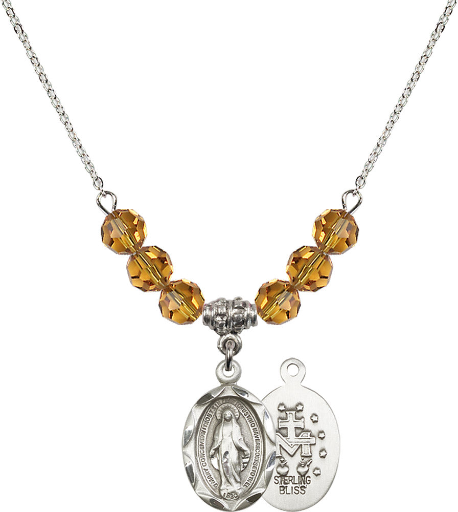 Sterling Silver Miraculous Birthstone Necklace with Topaz Beads - 0612