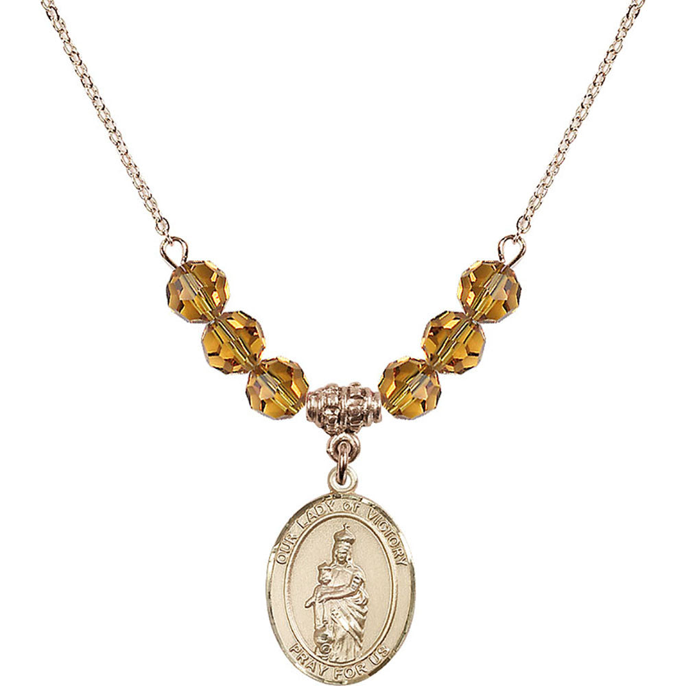 14kt Gold Filled Our Lady of Victory Birthstone Necklace with Topaz Beads - 8306