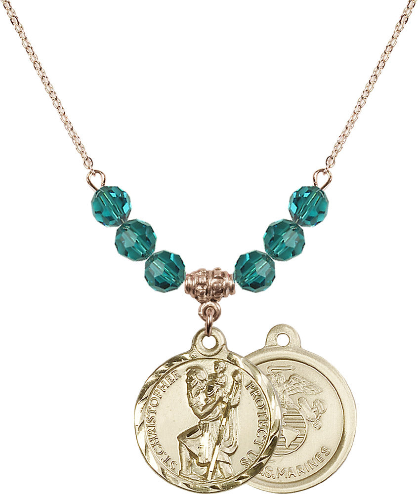 14kt Gold Filled Saint Christopher / Marines Birthstone Necklace with Zircon Beads - 0192