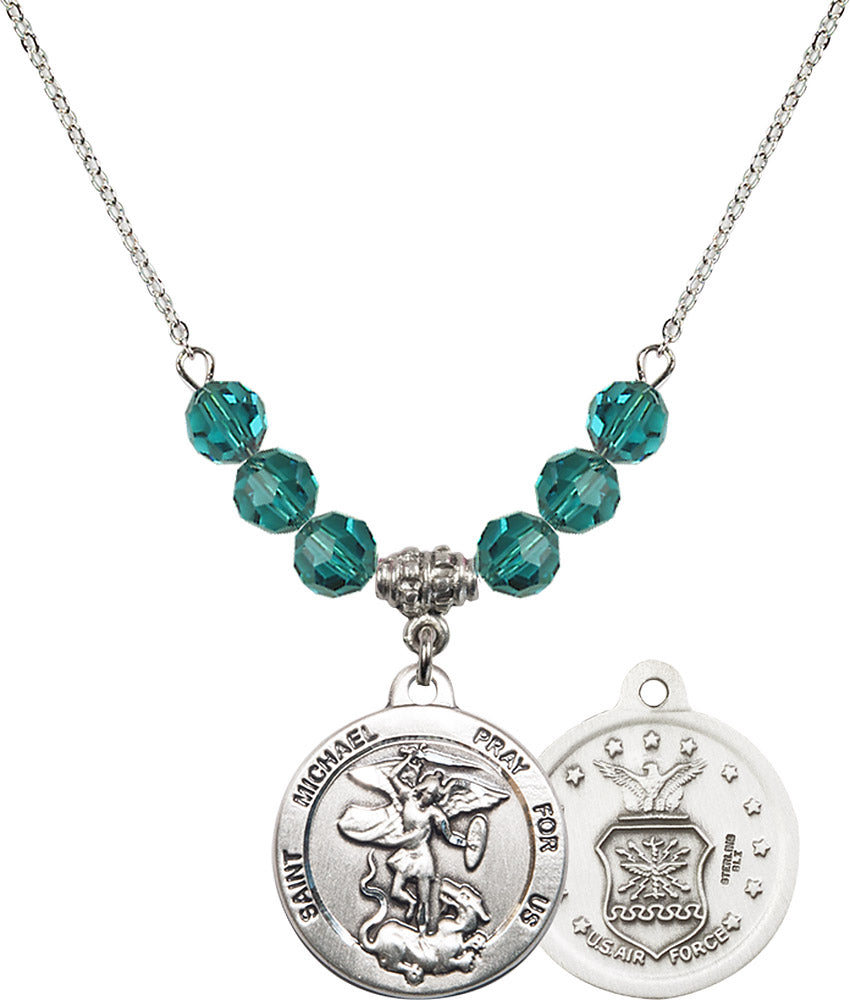 Sterling Silver Saint Michael / Air Force Birthstone Necklace with Zircon Beads - 0342