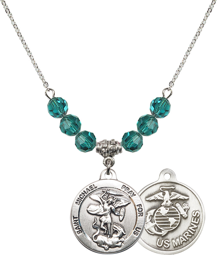 Sterling Silver Saint Michael / Marines Birthstone Necklace with Zircon Beads - 0342