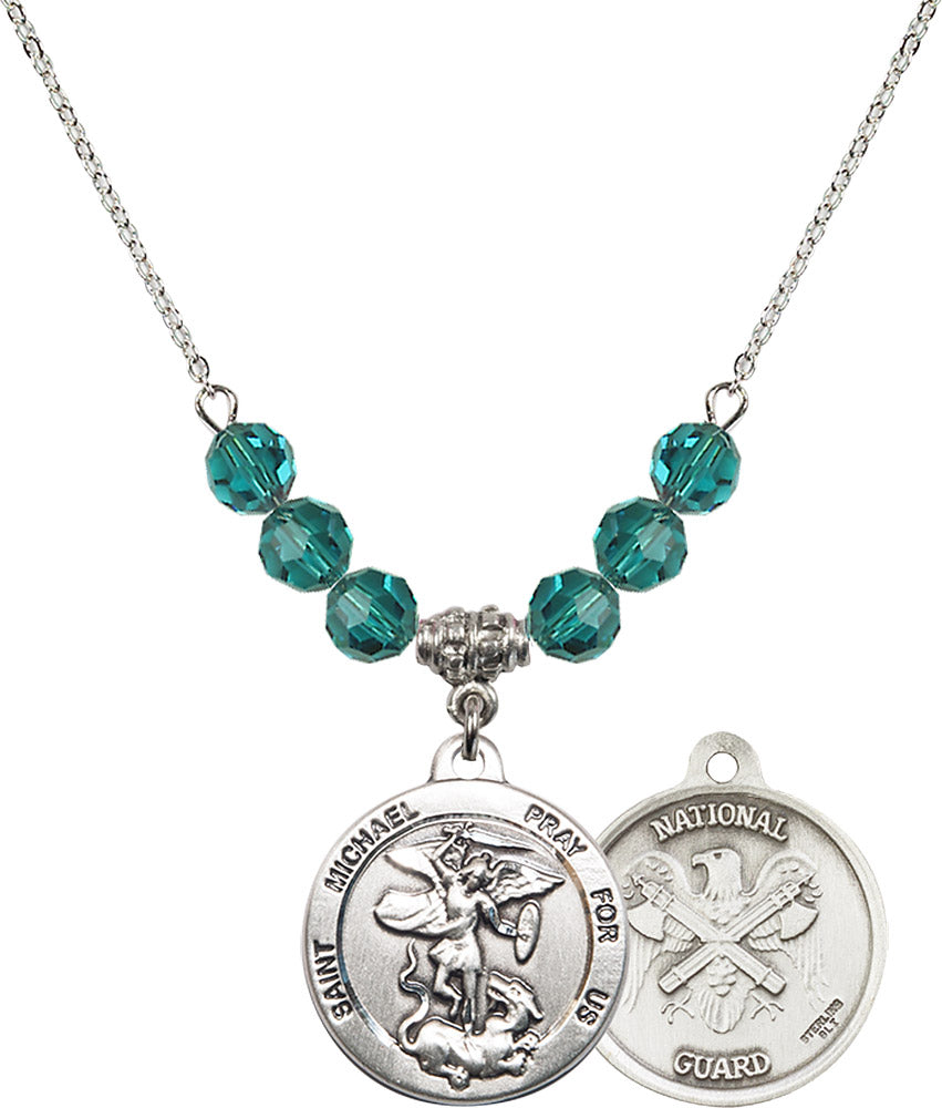 Sterling Silver Saint Michael / Nat'l Guard Birthstone Necklace with Zircon Beads - 0342