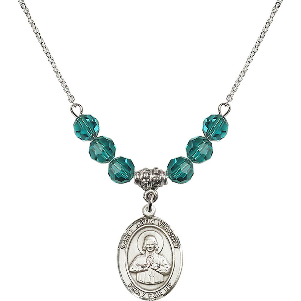 Sterling Silver Saint John Vianney Birthstone Necklace with Zircon Beads - 8282