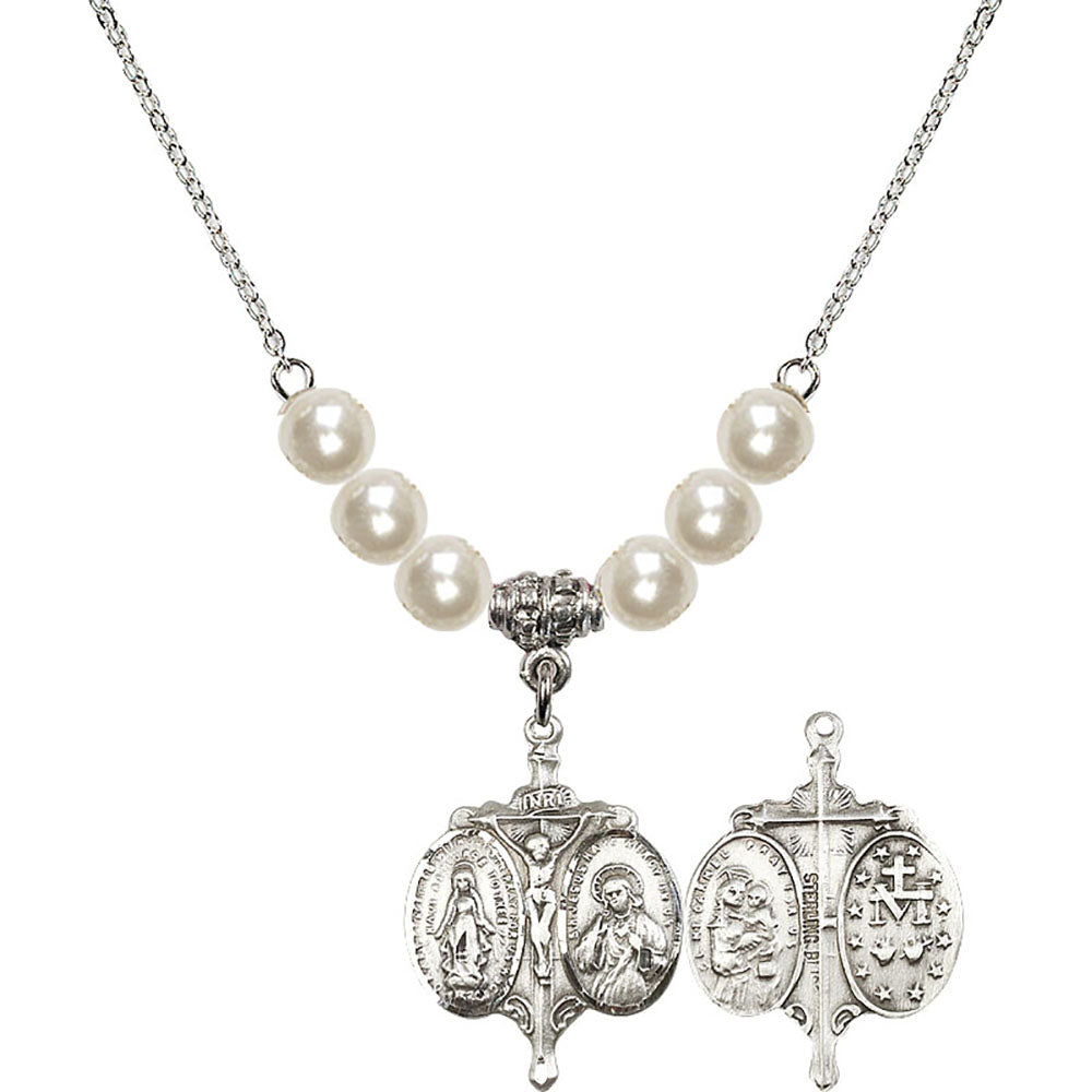 Sterling Silver Novena Birthstone Necklace with Faux-Pearl Beads - 0021