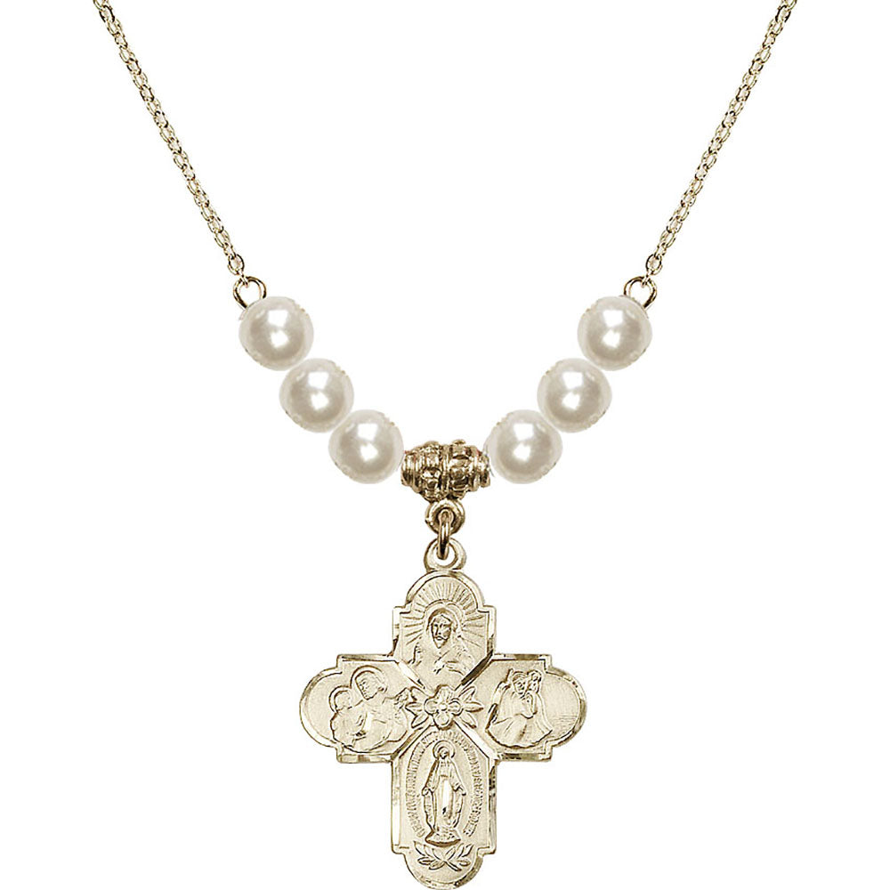 14kt Gold Filled 4-Way Birthstone Necklace with Faux-Pearl Beads - 0043