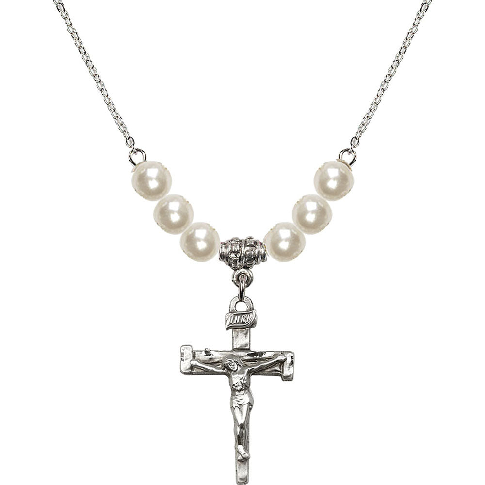 Sterling Silver Nail Crucifix Birthstone Necklace with Faux-Pearl Beads - 0073