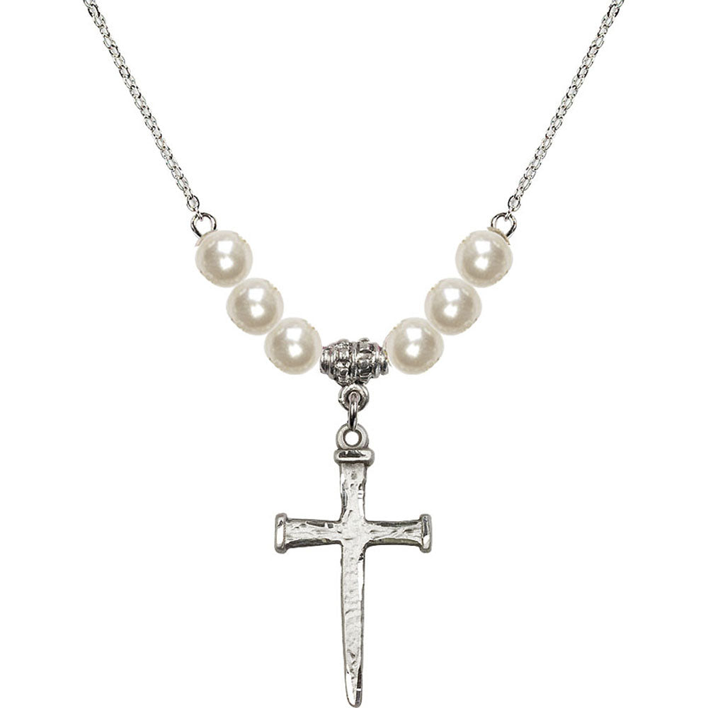 Sterling Silver Nail Cross Birthstone Necklace with Faux-Pearl Beads - 0085