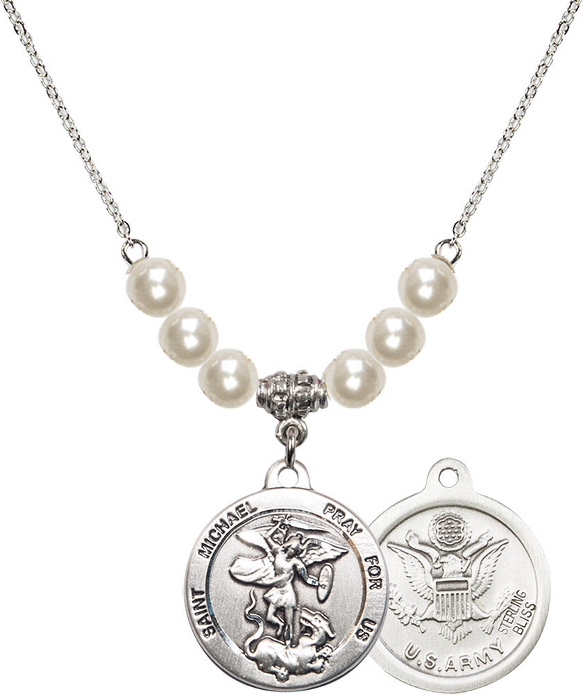 Sterling Silver Saint Michael / Army Birthstone Necklace with Faux-Pearl Beads - 0342