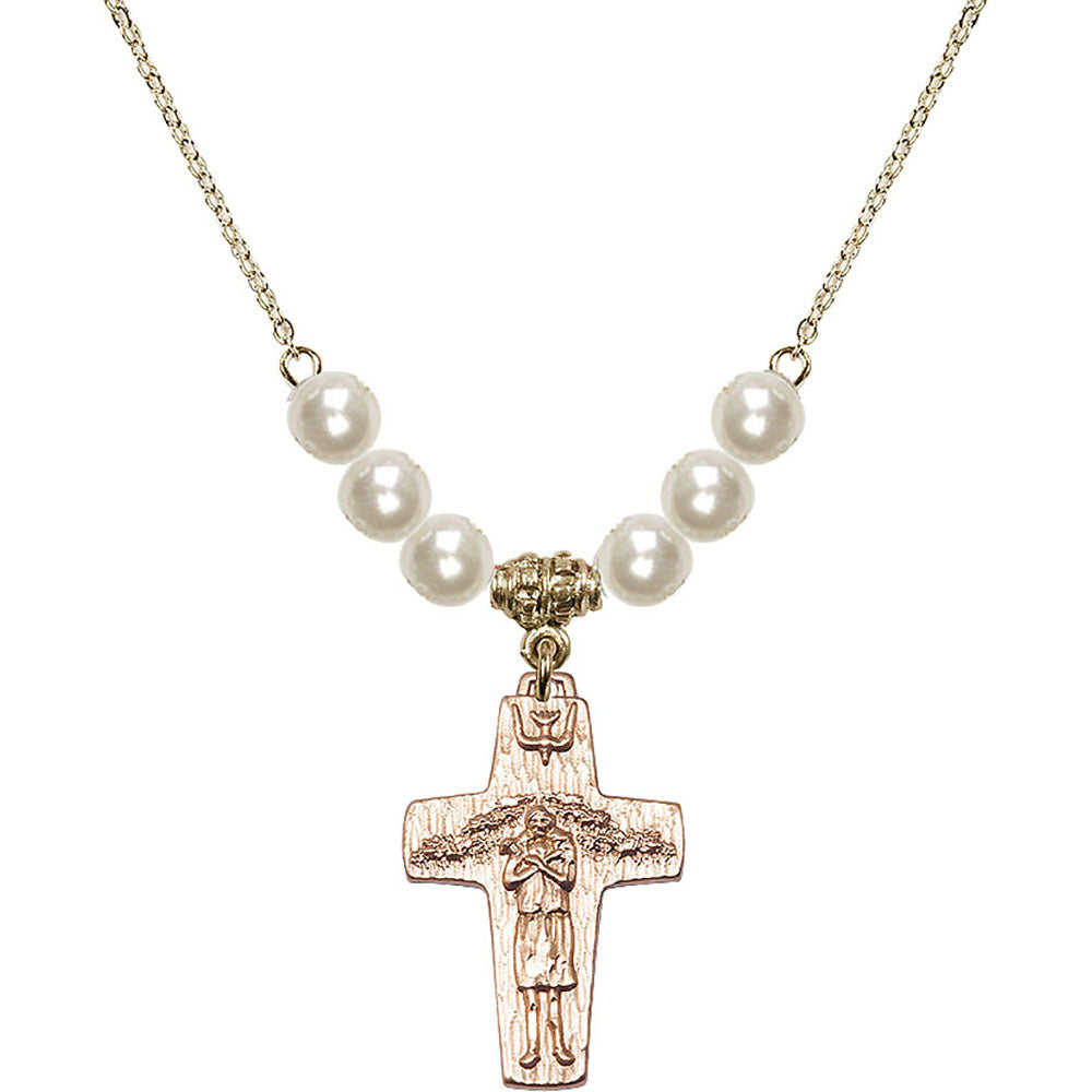 14kt Gold Filled Papal Crucifix Birthstone Necklace with Faux-Pearl Beads - 0569