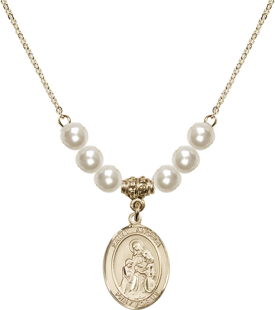 14kt Gold Filled Saint Angela Merici Birthstone Necklace with Faux-Pearl Beads - 8284