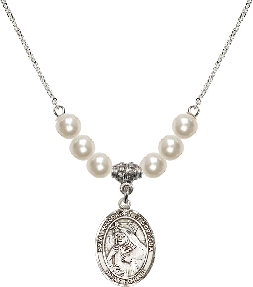 Sterling Silver Saint Margaret of Cortona Birthstone Necklace with Faux-Pearl Beads - 8301