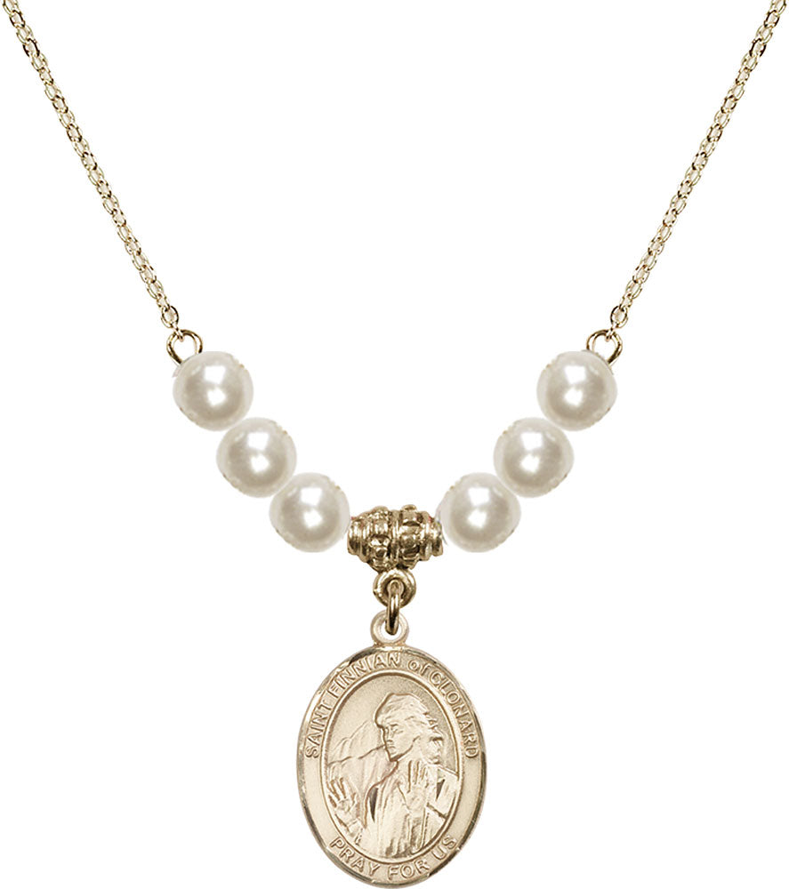 14kt Gold Filled Saint Finnian of Clonard Birthstone Necklace with Faux-Pearl Beads - 8308