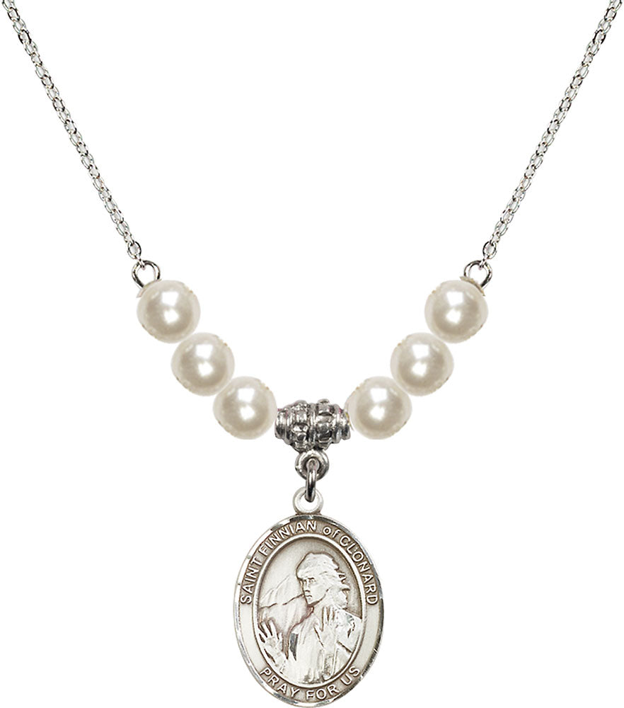 Sterling Silver Saint Finnian of Clonard Birthstone Necklace with Faux-Pearl Beads - 8308